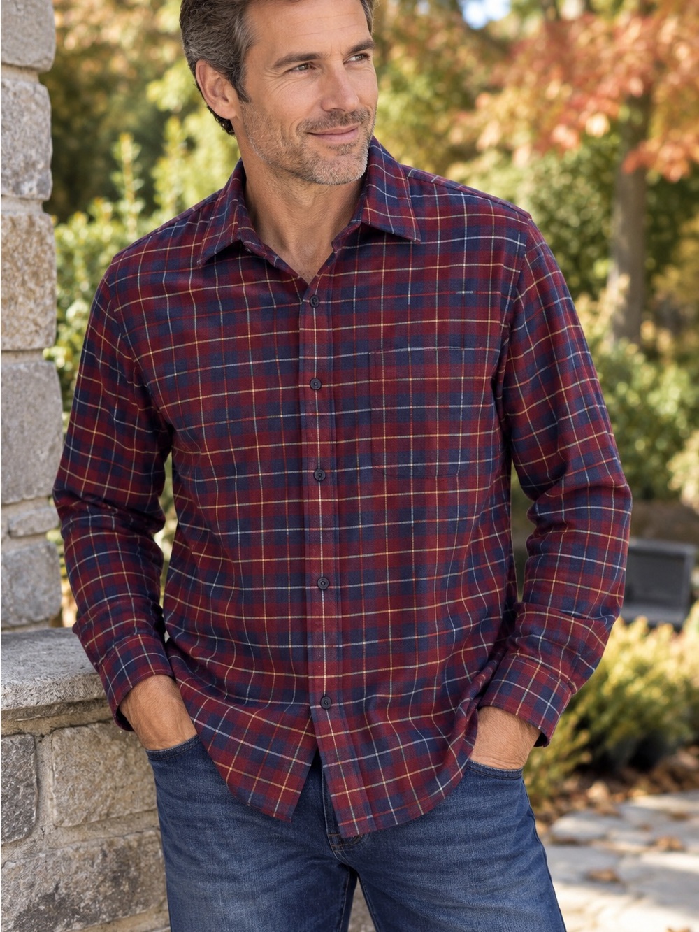 L.L. Bean Men's Burgundy, Navy & Gold Plaid Button-Down Shirt